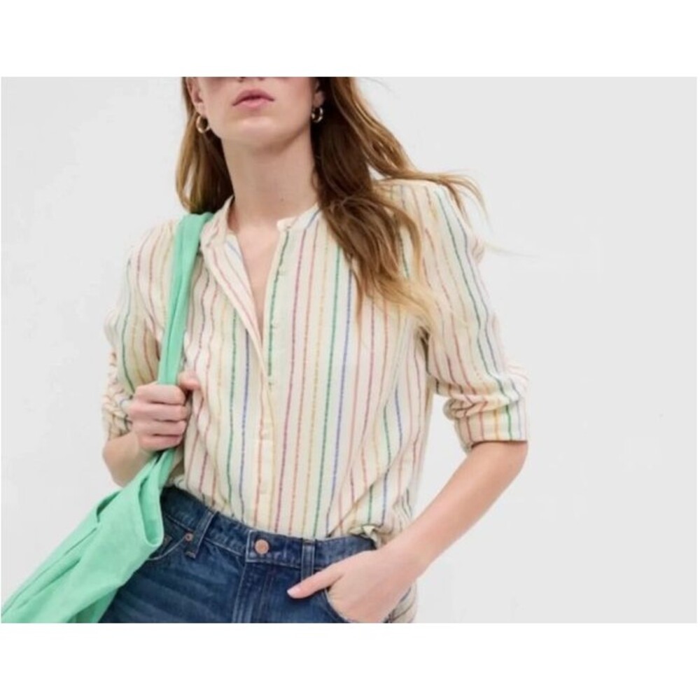 Gap Crinkle Gauze Button Front Shirt-Medium-Metallic Stripe-Band Collar-NEW